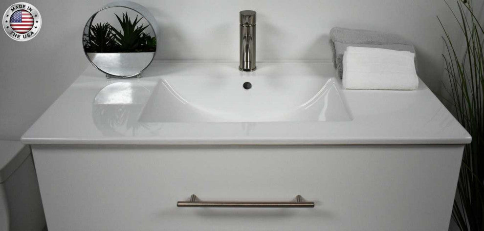 Napa 36" Modern Floating Bathroom Vanity With Ceramic Top and Round Handles, White