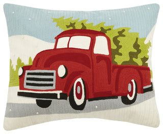Red Truck With Xmas Tree Crewel Embroidered Pillow