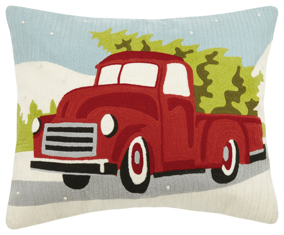 Red Truck With Xmas Tree Crewel Embroidered Pillow
