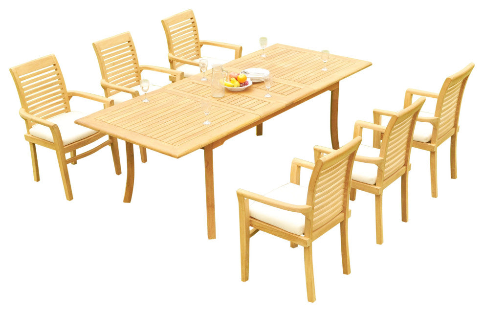 7-Piece Outdoor Teak Dining Set: 94" Rectangle Table, 6 Mas Stacking Arm Chairs