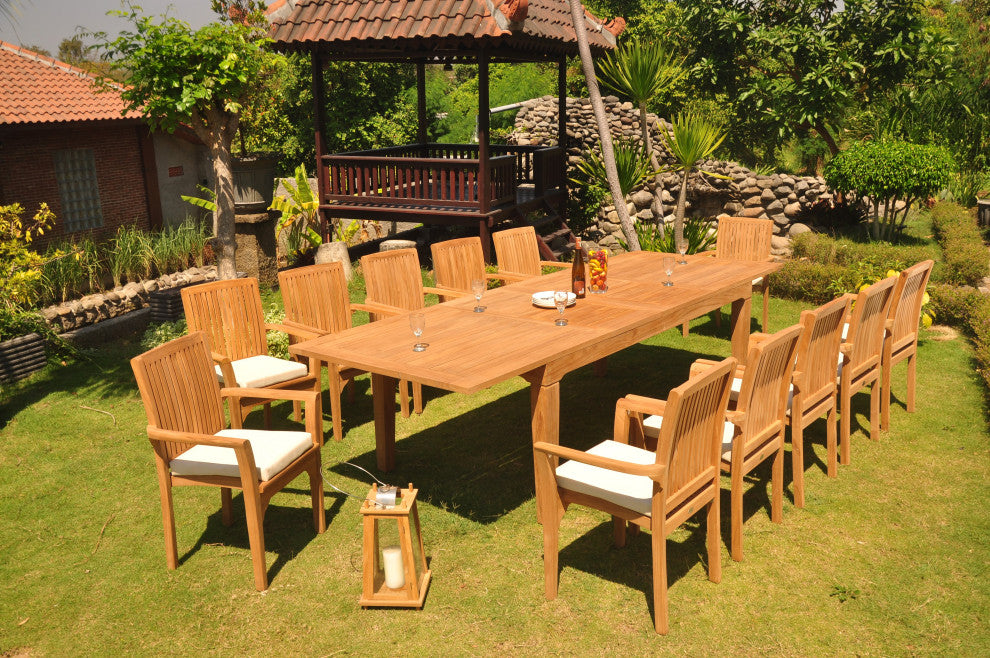 13-Piece Outdoor Teak Dining Set: 122" Rectangle Table 12 Lua Stacking Arm Chair