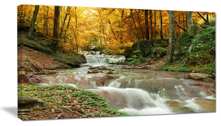 Forest Waterfall with Yellow Trees, Large Landscape Canvas Art Print, 32"x16"