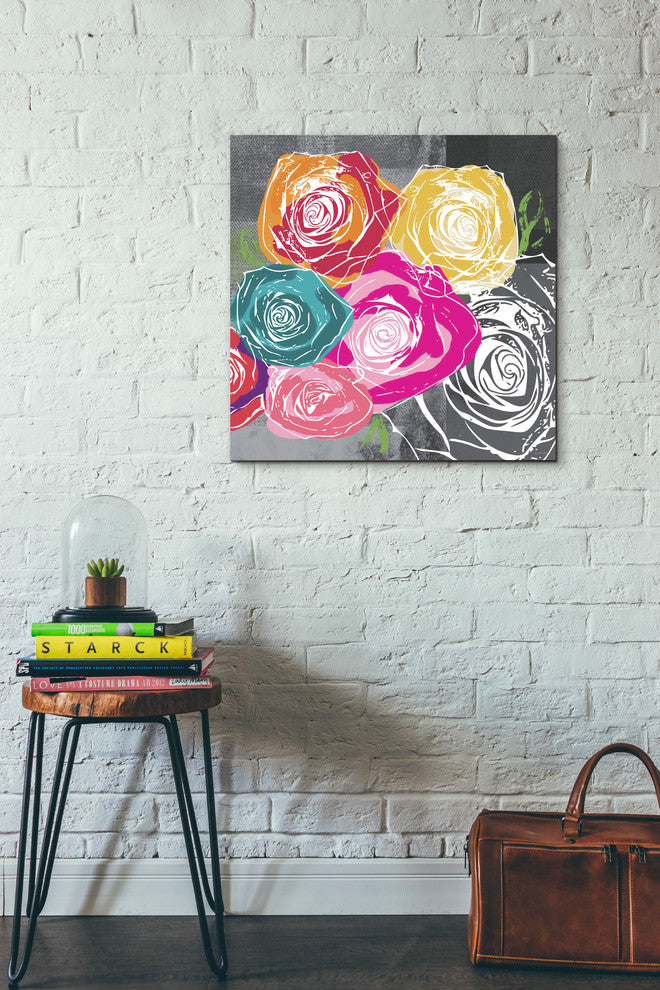 Epic Graffiti "Colorful Roses II" by Linda Woods, Giclee Canvas Art, 26"x26"