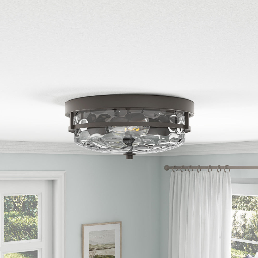Vintage Oil Rubbed Bronze 2-Light Drum Shape Stone Ripple Glass Ceiling Light