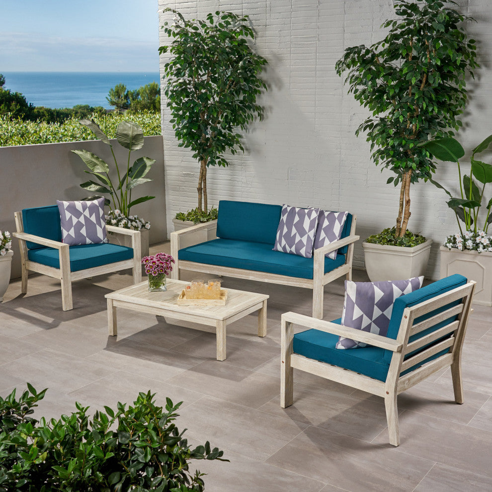 Dominic Outdoor 4 Seater Acacia Wood Chat Set With Cushions, Dark Teal