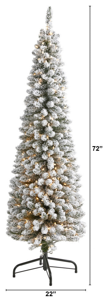6'' Flocked Pencil Faux Xmas Tree With 300 Clear Lights and 438 Bendable Branches