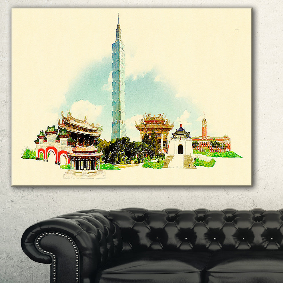 "Taipei Panoramic View" Cityscape Watercolor Canvas Print, 40"x20"