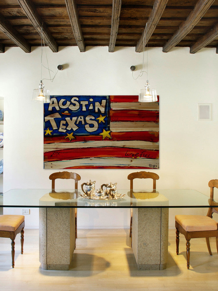 "Austin Flag" Print on Natural Pine Wood by Tori Campisi Painting