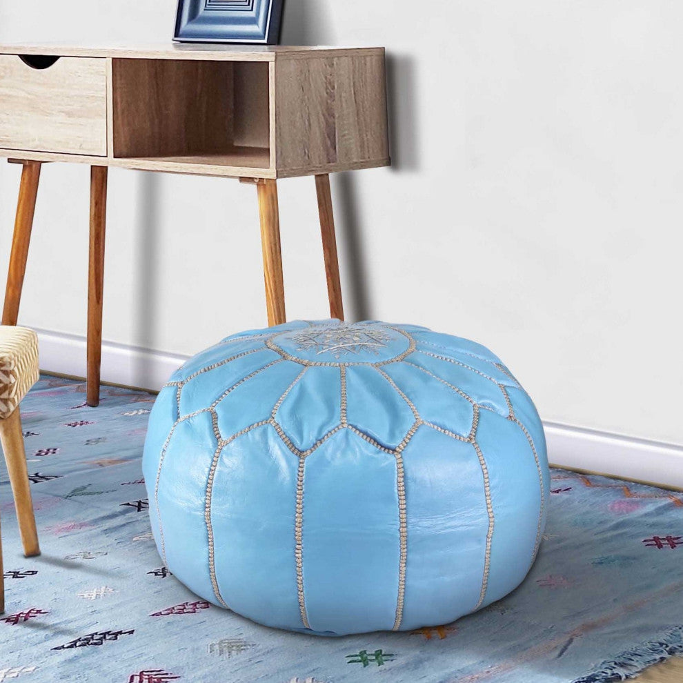 Handmade Moroccan Ottoman, Genuine Leather Pouf, Sky Blue