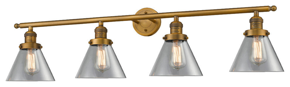 Large Cone 4-Light Bath Fixture, Clear Glass, Brushed Brass