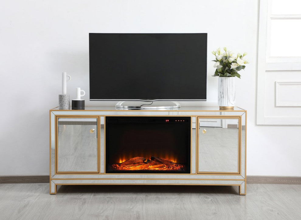 Rosie 60" Mirrored TV Stand With Wood Fireplace, Gold