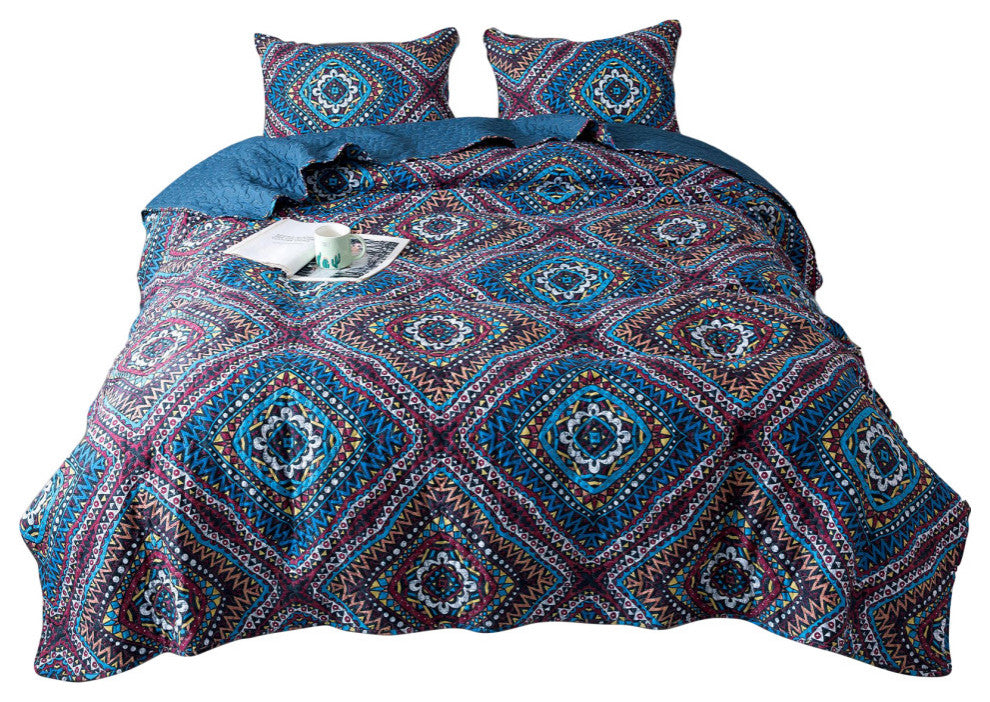 Bohemian Native Rustic Navy Blue Geometric Diamond Bedspread Set, Queen