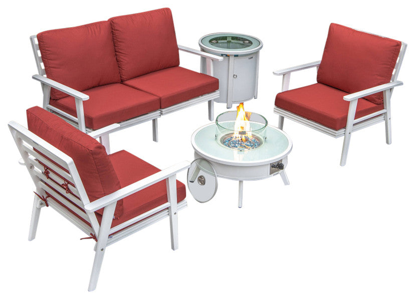 LeisureMod Walbrooke Patio Conversation Set With Fire Pit Table, Red