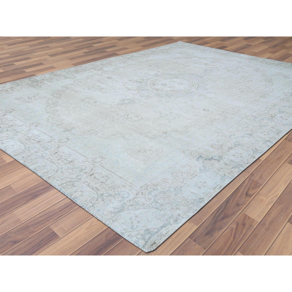Cropped Thin, Hand Knotted, Ivory, Vintage Persian Kerman, Wool Rug 8'8" x 12'0"
