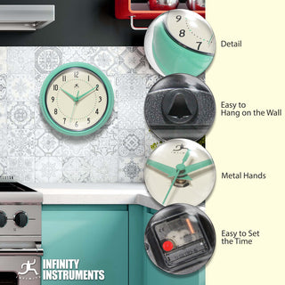 Infinity Instruments Retro Kitchen Vintage 50s Wall Clock, Mint Green