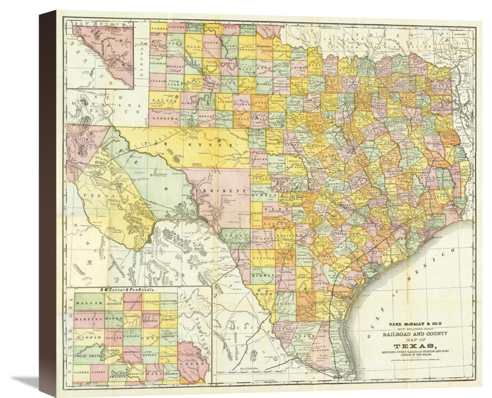 "Railroad And County Map Of Texas, 1882" Canvas Giclee, 22"x20"