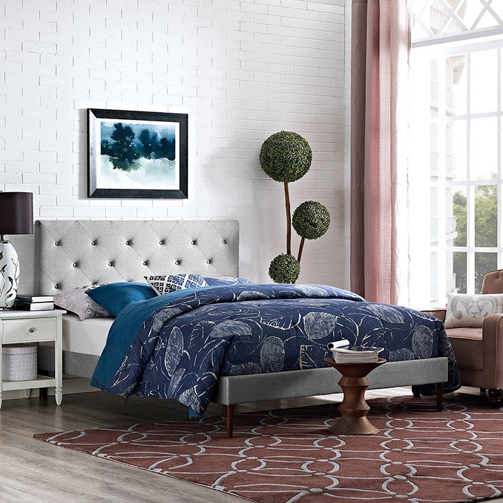 Terisa Full Fabric Platform Bed With Round Tapered Legs, Light Gray