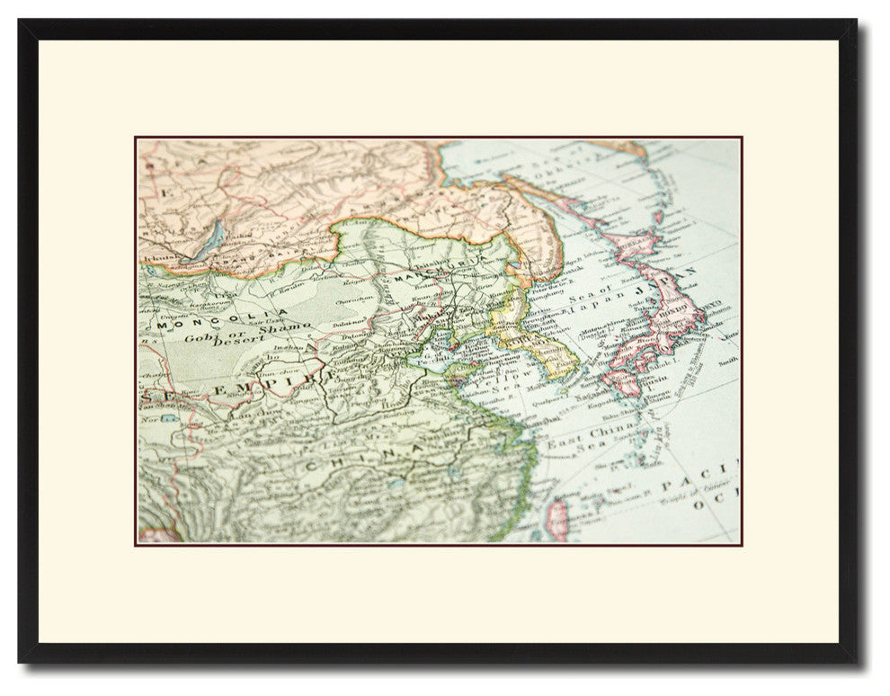 Europe, Asia Vintage Map Print On Canvas With Picture Frame 16" X 21"