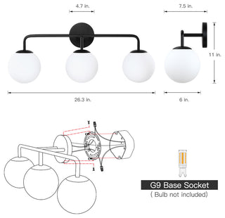 26.3in. W 3-Light Black Vanity Light With Globe Shades