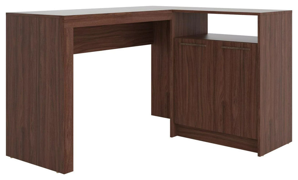 Traditional L-Shaped Desk, 2 Doors Cabinet With Upper Open Shelf, Dark Brown