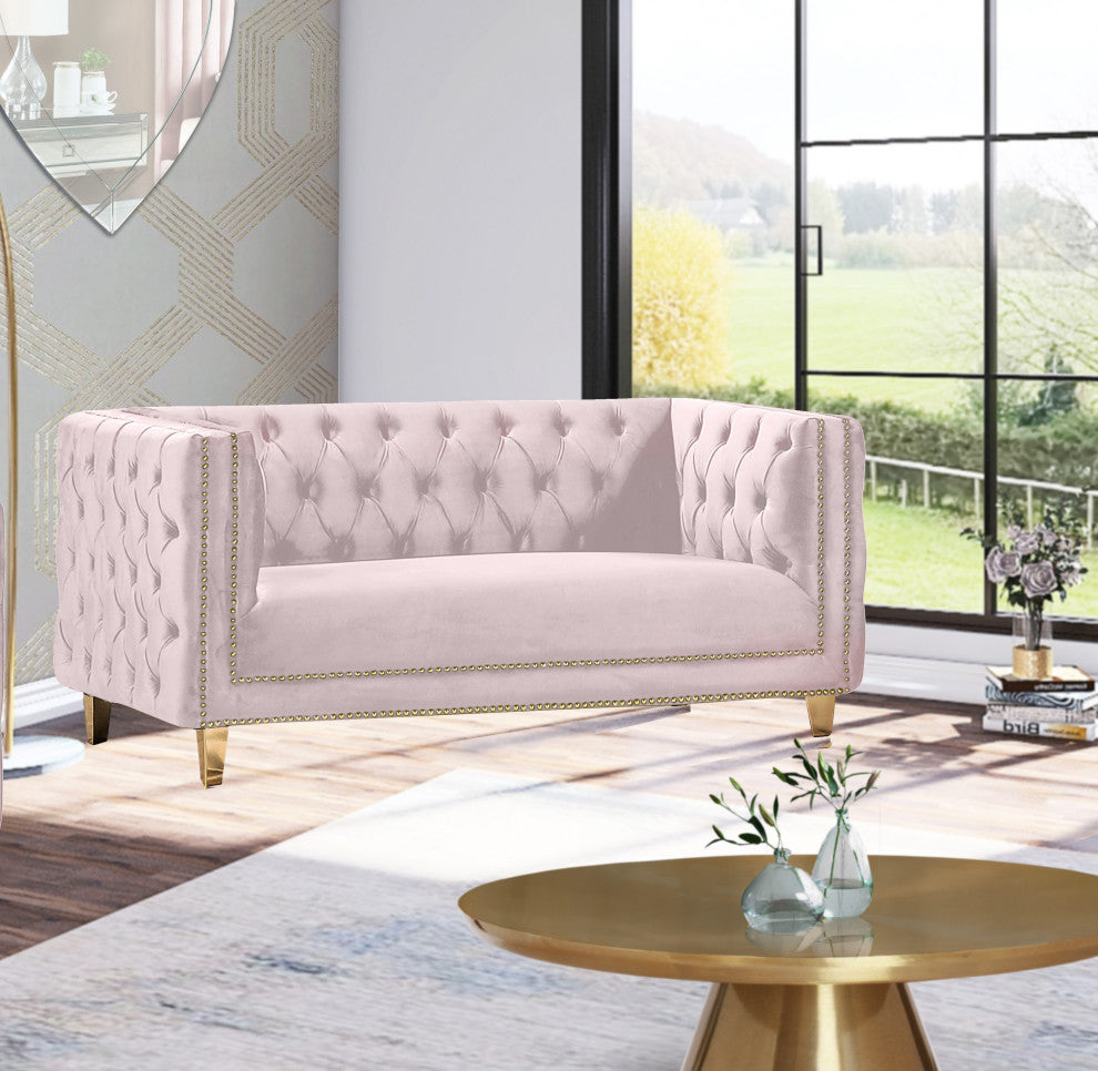 Michelle Fabric Upholstered Chair, Gold Iron Legs, Pink, Velvet, Loveseat