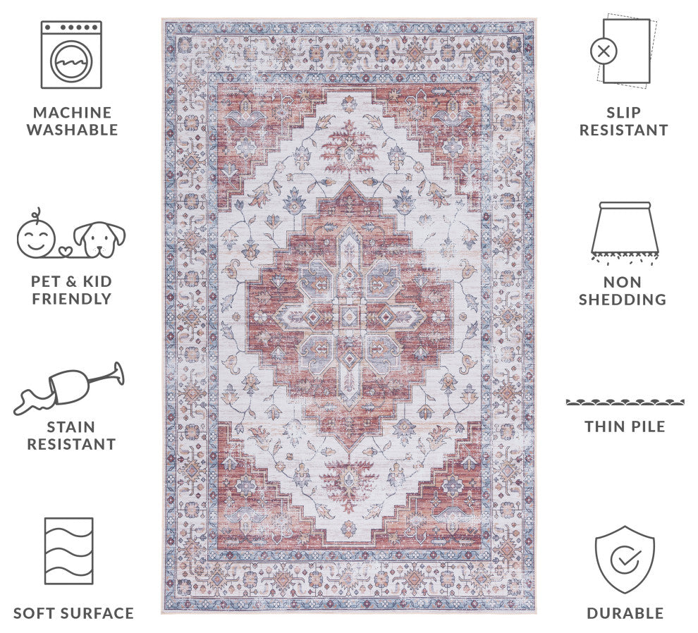 Safavieh Couture Tucson Collection, TSN109 Machine Washable Rug, Ivory / Rust, 6' Square