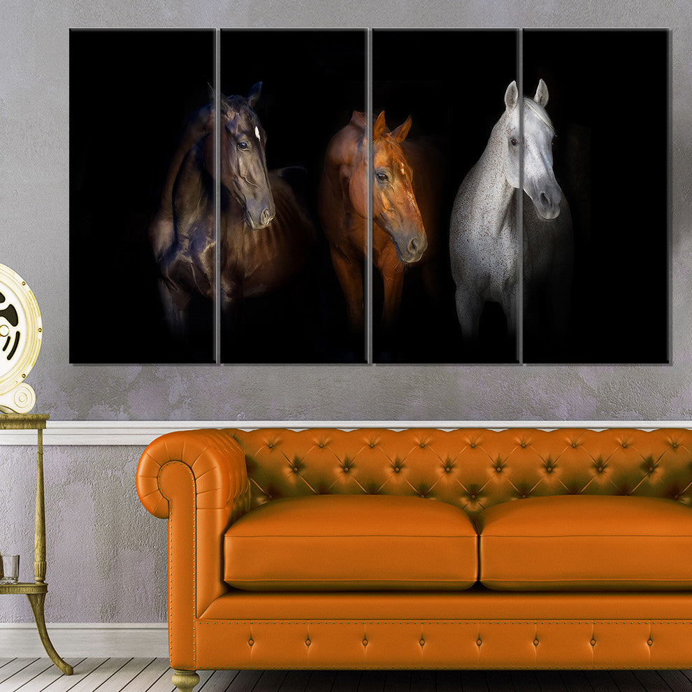 Black Red and White Horses, Animal Canvas Art Print, 48"x28", 4 Panels