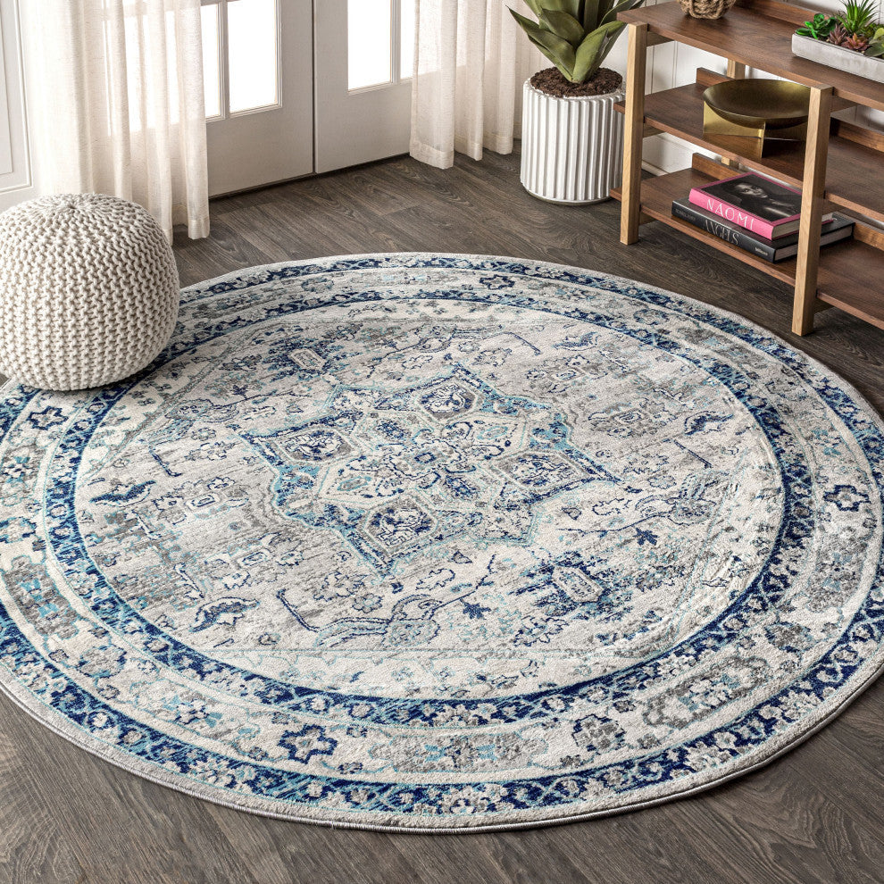 Modern Persian Vintage Medallion Light Grey/Blue 6' Round Area Rug