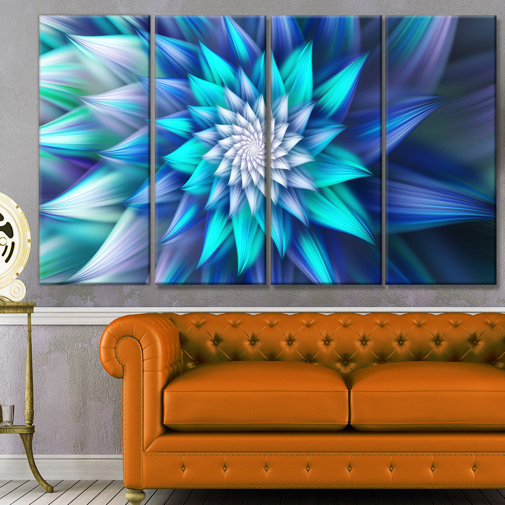 Large Blue Alien Fractal Flower, Floral Canvas Art Print, 48"x28", 4 Panels