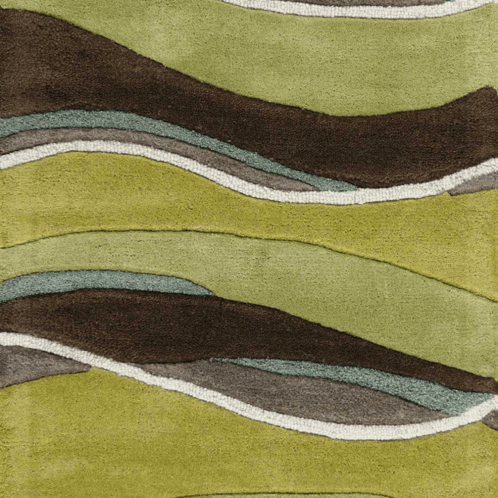 8' Lime Mocha Hand Tufted Abstract Waves Indoor Runner Rug