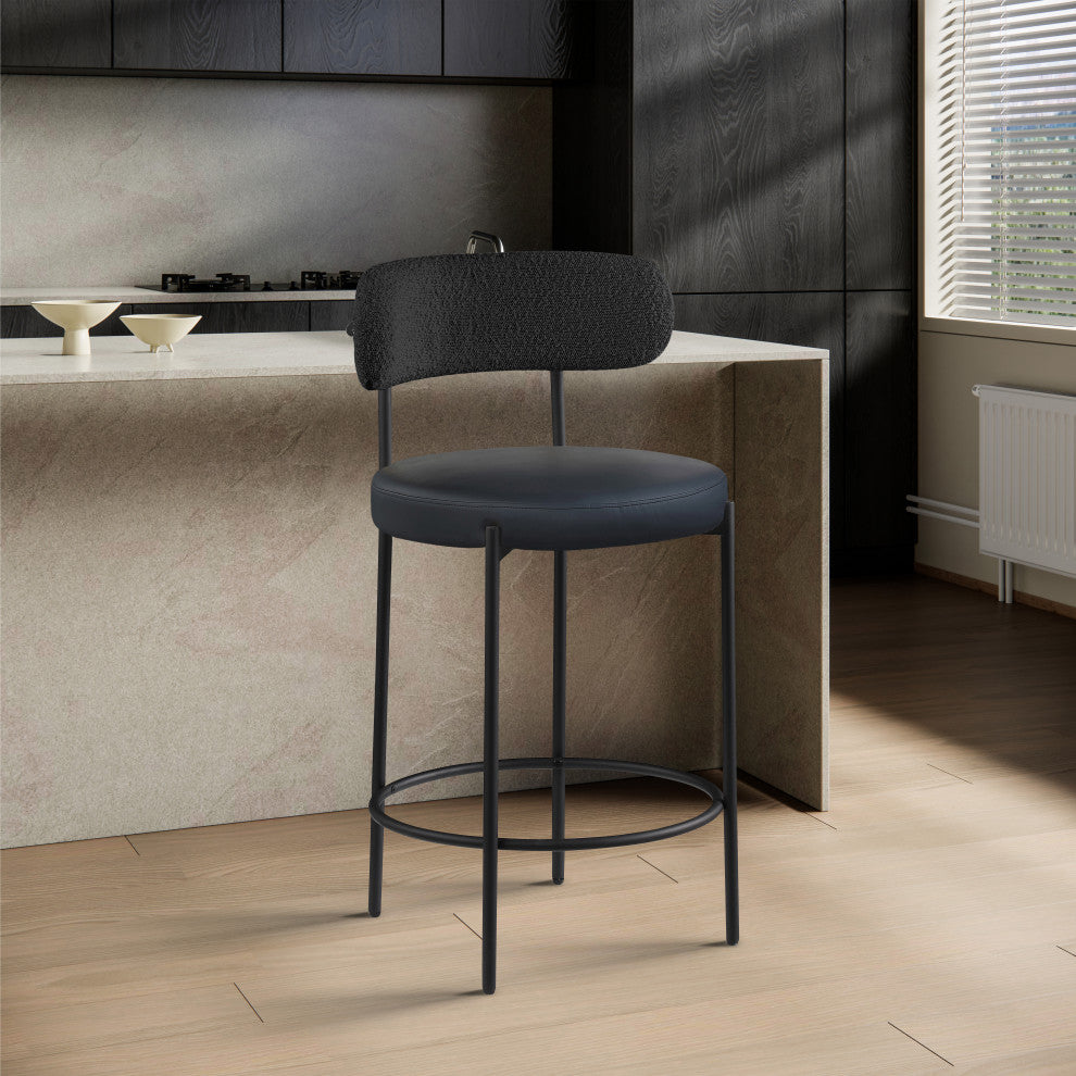 Beacon Upholstered Stool, Set of 2, Black, Matte Black Finish, Vegan Leather and Boucle Fabric