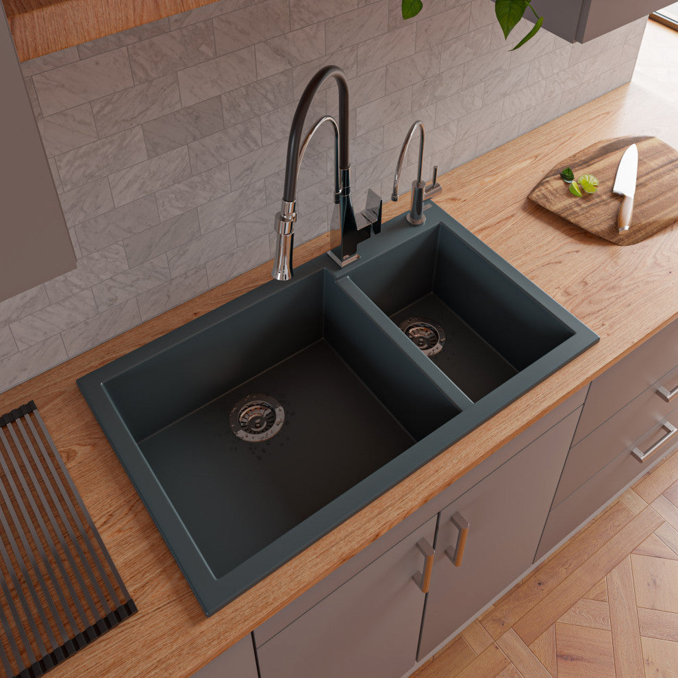 Titanium 34" Double Bowl Drop In Granite Composite Kitchen Sink