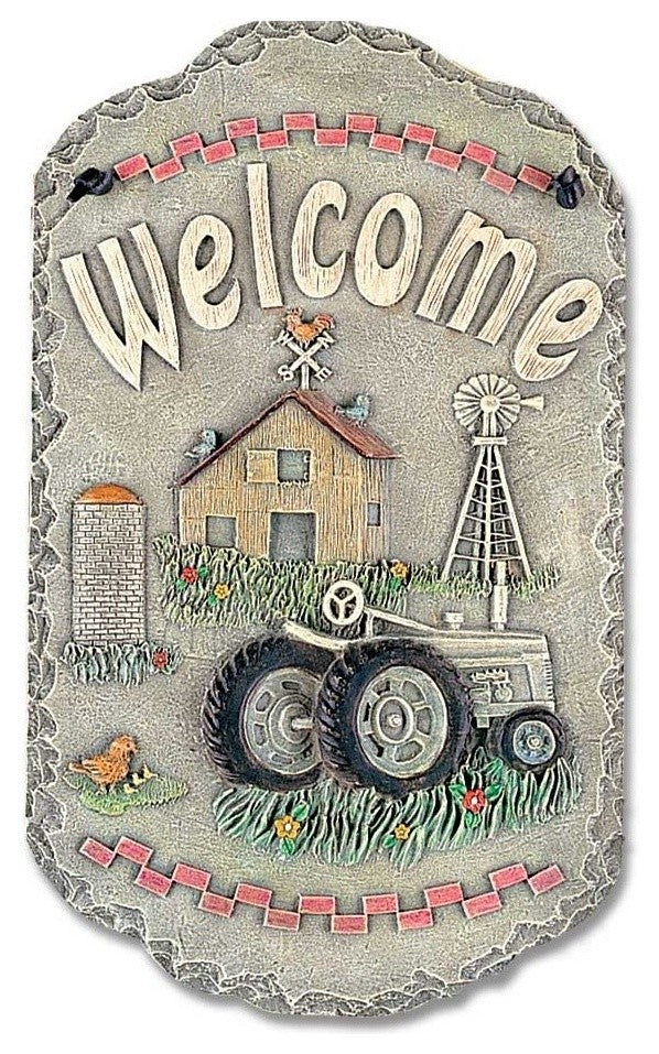 Welcome Sign, "Tractor" Porch Decor, Resin Slate Plaque, Ready To Hang Decor