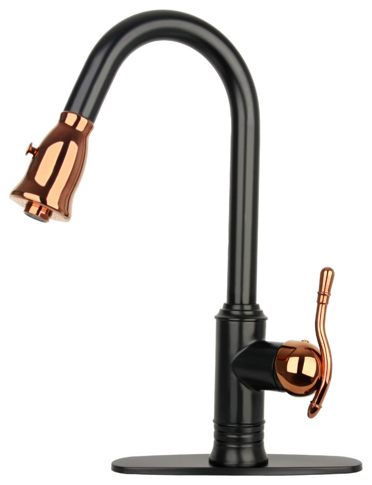 Pull Down Kitchen Faucet and Deck Plate, Two-Tone Matte Black and Rose Gold