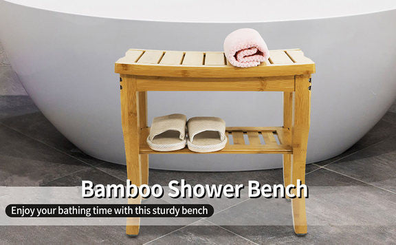 Bamboo Shower Bathroom Bench With Shelf 18"