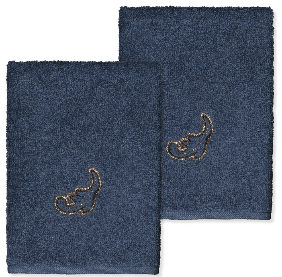 Linum Home Turkish Cotton April 2-Piece Embellished Washcloth Set, Midnight Blue