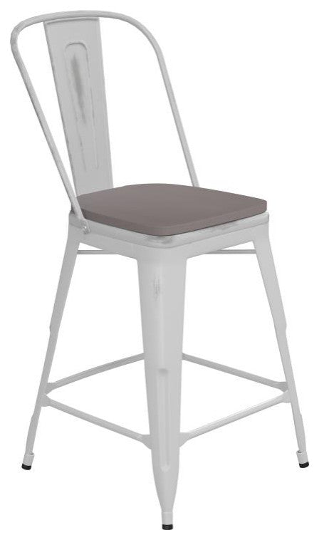 Carly Commercial Grade 24" High Metal Indoor-Outdoor Counter Height Stool, White/Gray