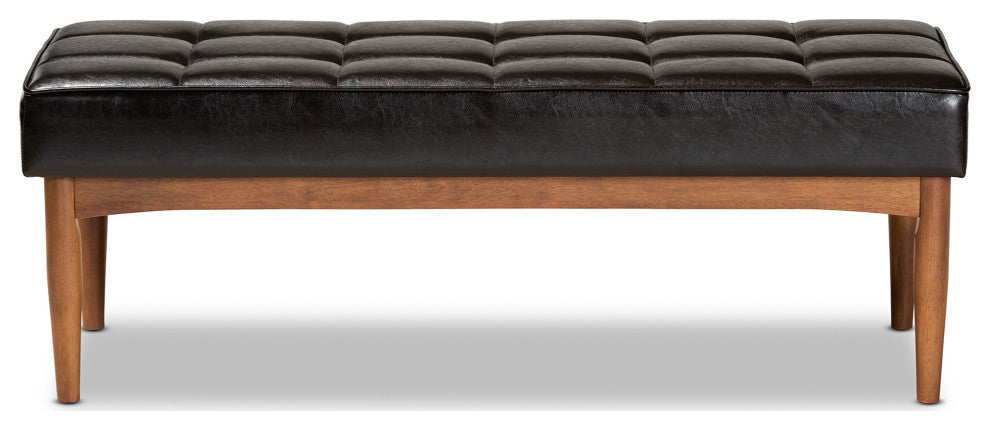 Devin Midcentury Modern Dining Bench, Dark Brown Faux Leather