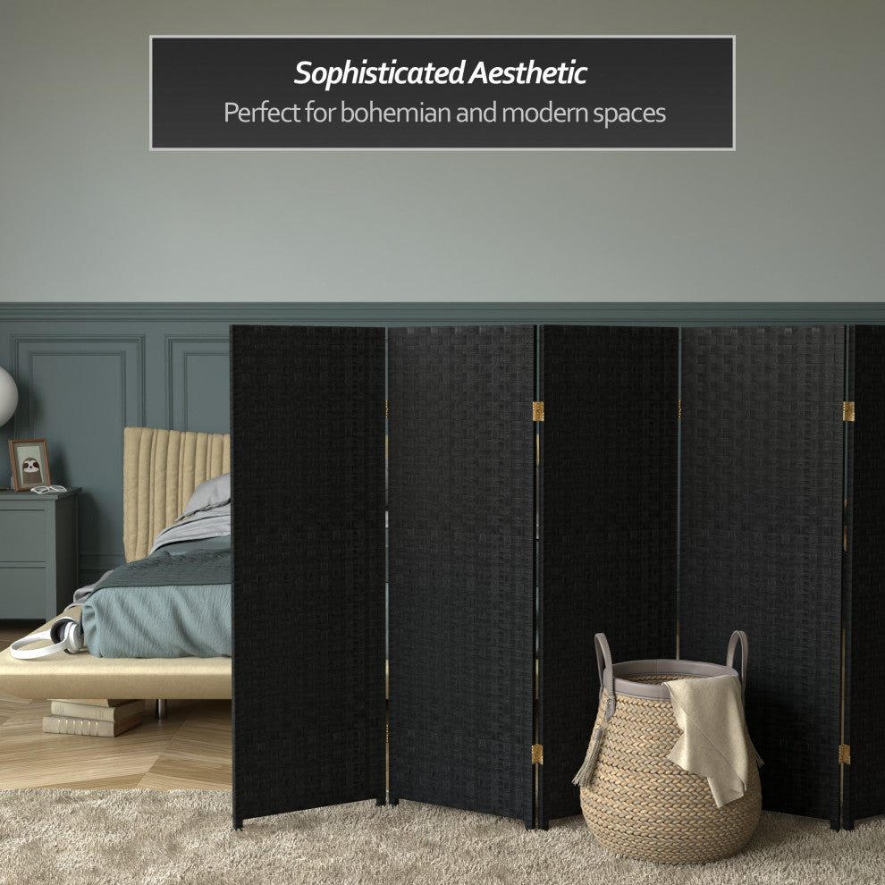 4' Tall Woven Fiber Room Divider, Black, 6 Panel