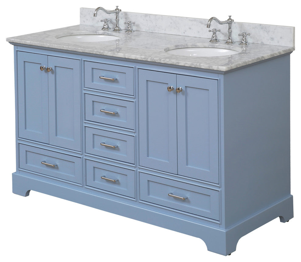 Harper 60" Bathroom Vanity, Powder Blue, Carrara Marble, Double