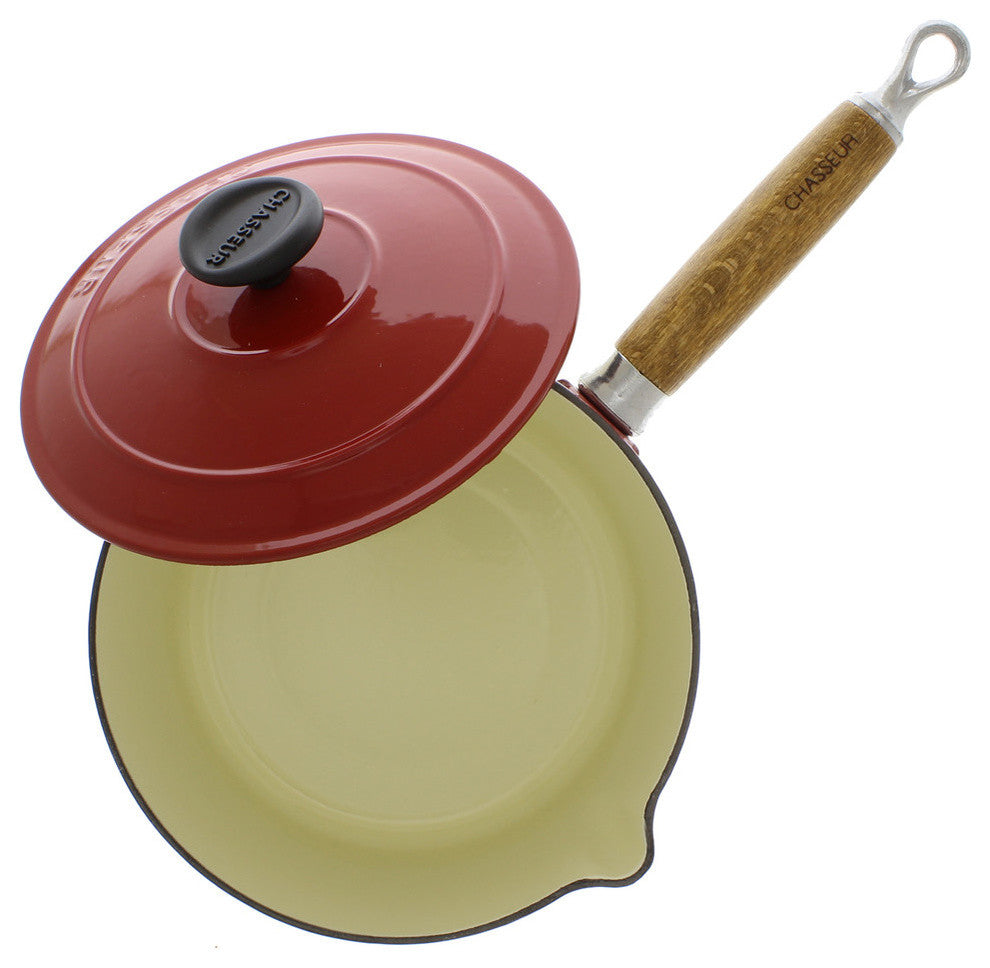 Chasseur 2.5-quart French Enameled Cast Iron Saucepan With Wooden Handle, Red