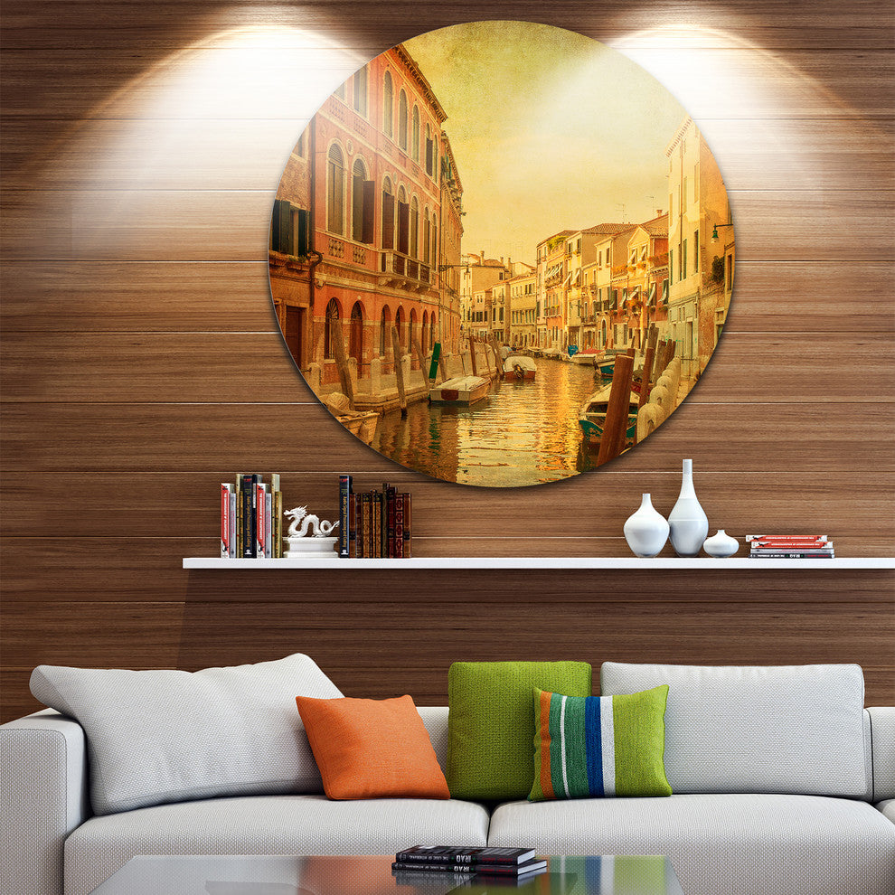 Venetian Canals Vintage View, Landscape Photo Round Wall Art, 11"