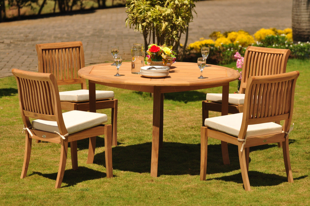5-Piece Outdoor Teak Dining Set, 48" Round Table, 4 Arbor Stacking Chairs