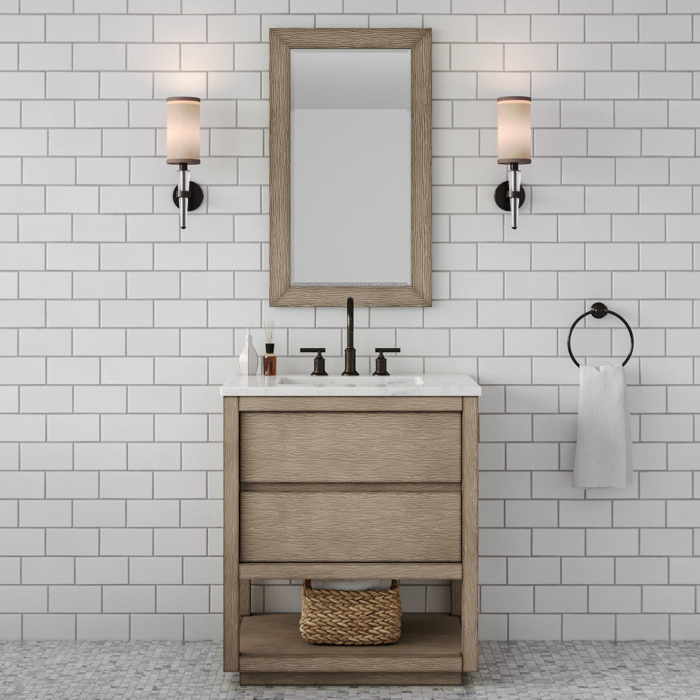 Oakman Marble Top Vanity in Grey Oak, 30", Vanity With Mirror