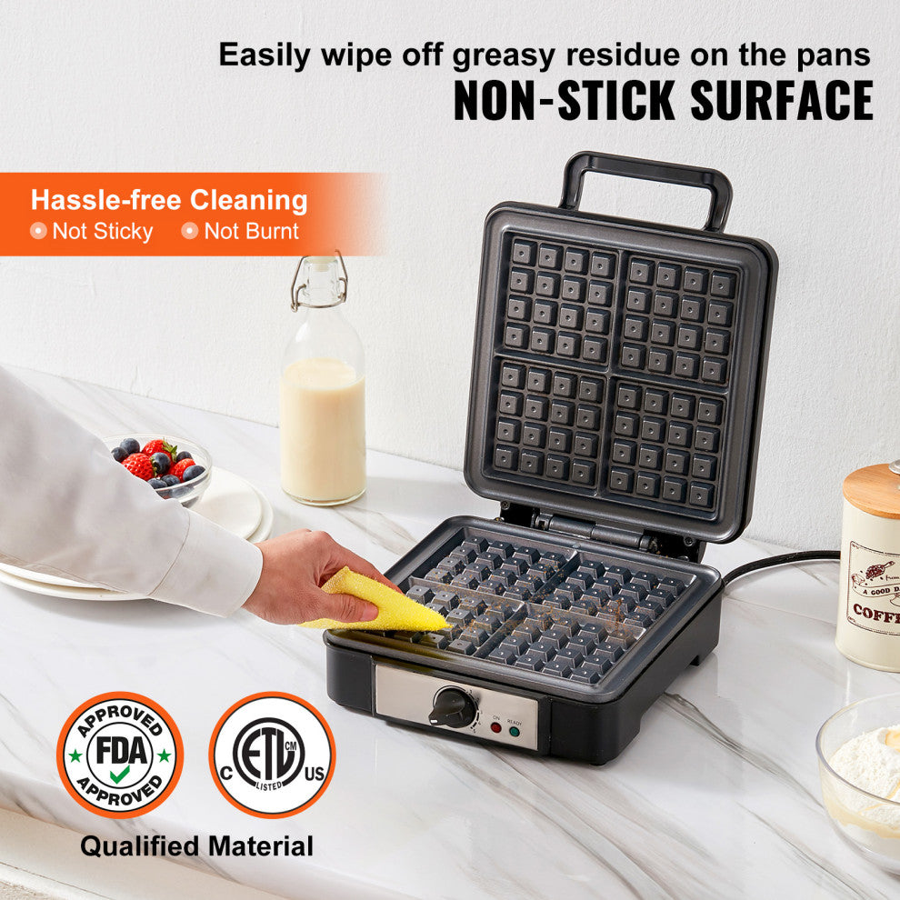 VEVOR 4 Slices Square Waffle Maker 1200W Electric Non-Stick Waffle Iron 120V