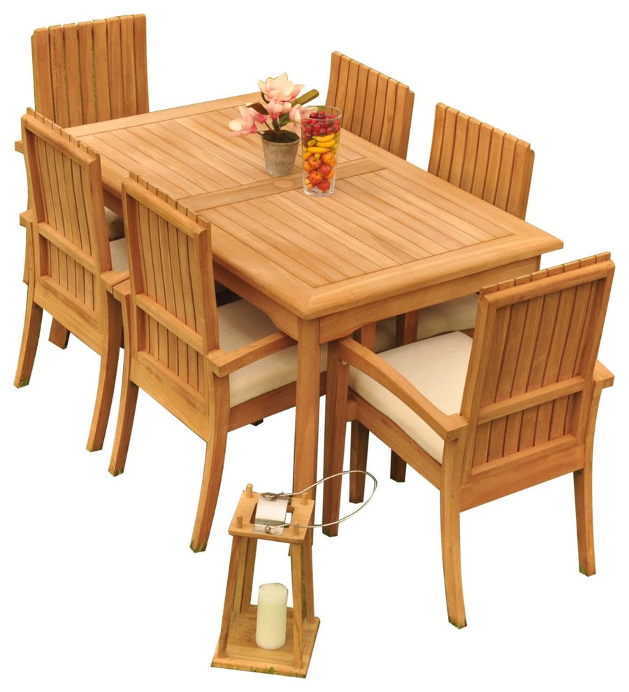7-Piece Outdoor Teak Dining Set: 60" Rectangle Table,6 Goa Stacking Arm Chairs