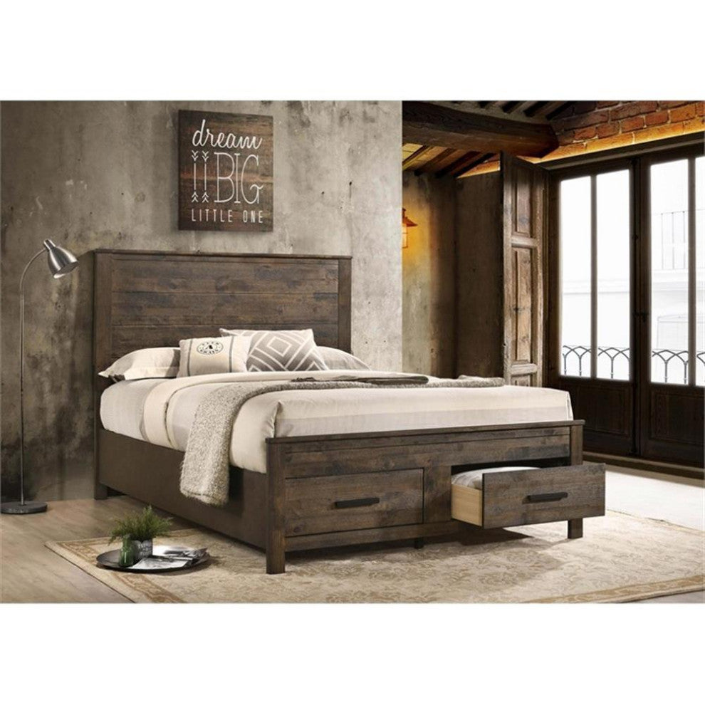 Pemberly Row Farmhouse Wood Queen Storage Bed Rustic Golden Brown