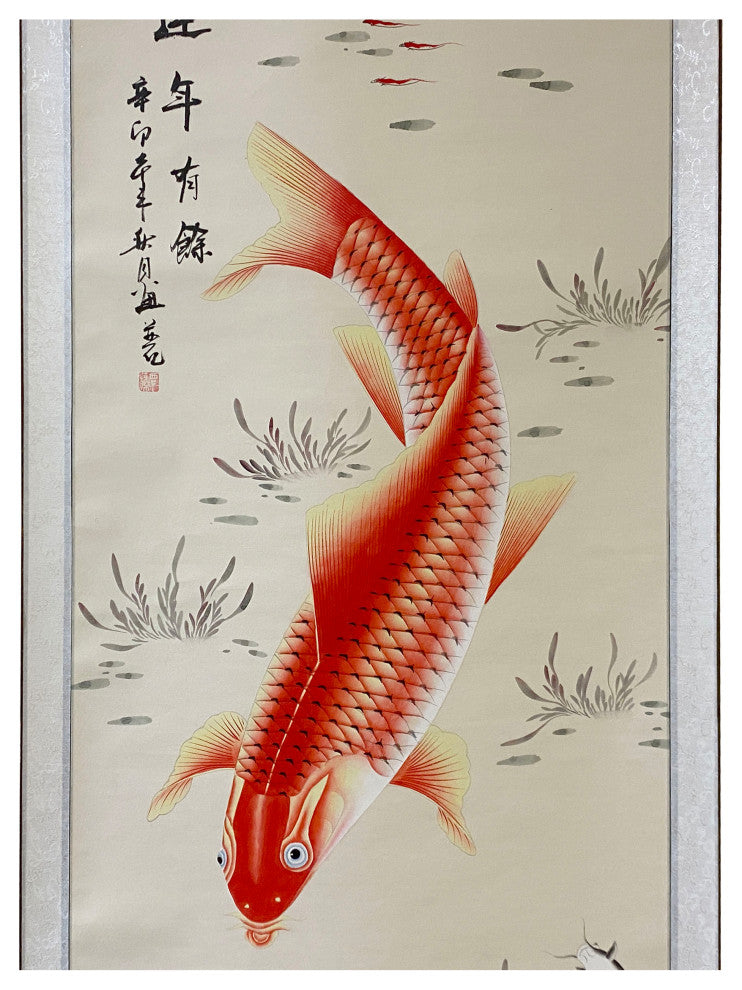 Chinese Fengshui Koi Fish Color Ink Scroll Painting Quality Wall Art Hws1887