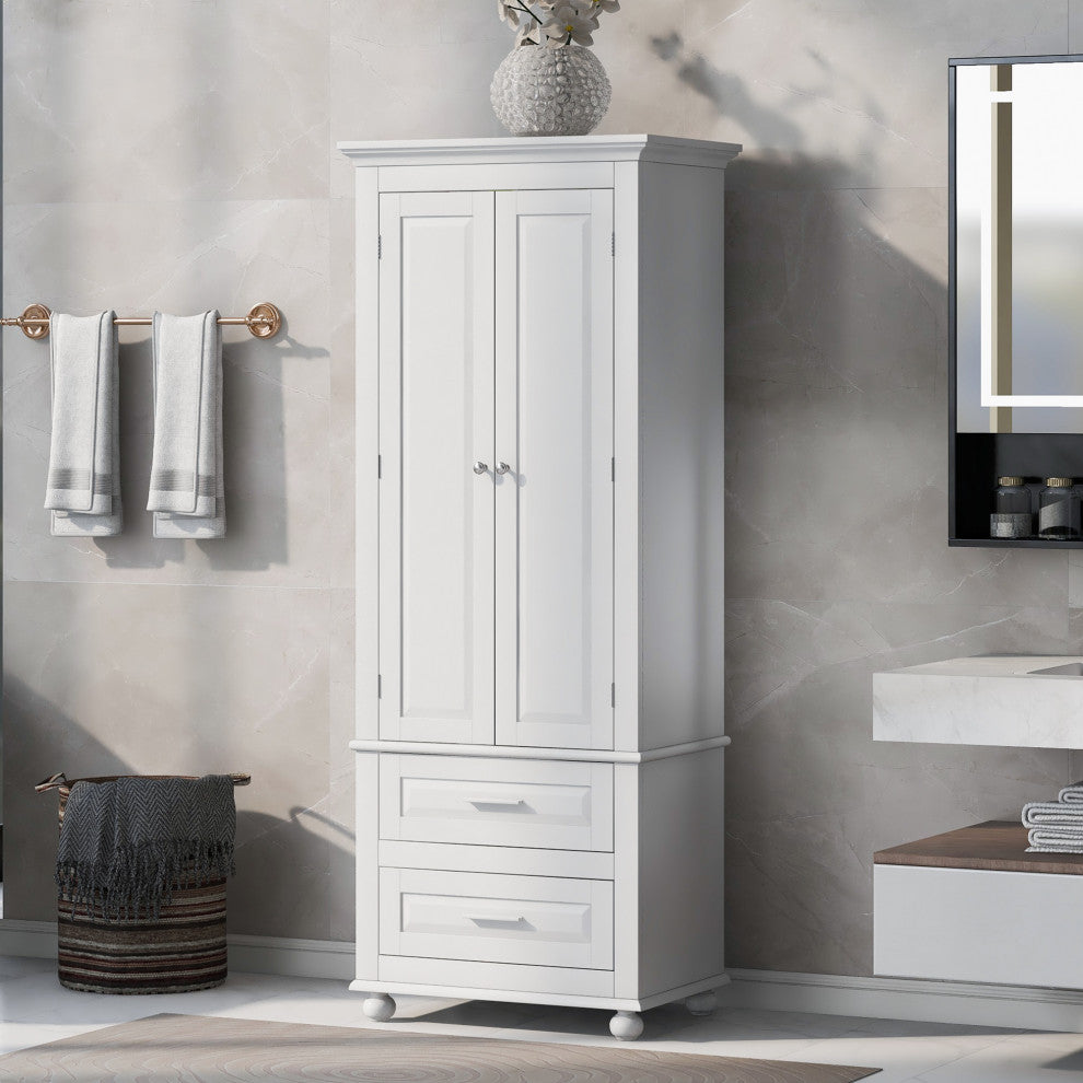70" Wood 2-door Bath Cabinet, Adjustable Shelves, White