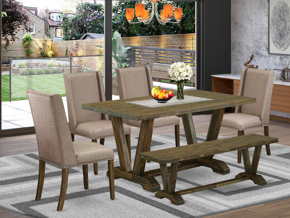 6-Piece Table Set, Dark Khaki Seat Chair Chairs, Bench and Top Table, Jacobean